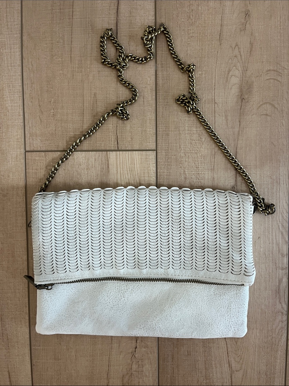 Moda Luxe Cream Fold-Over Clutch with Antique Gold Chain